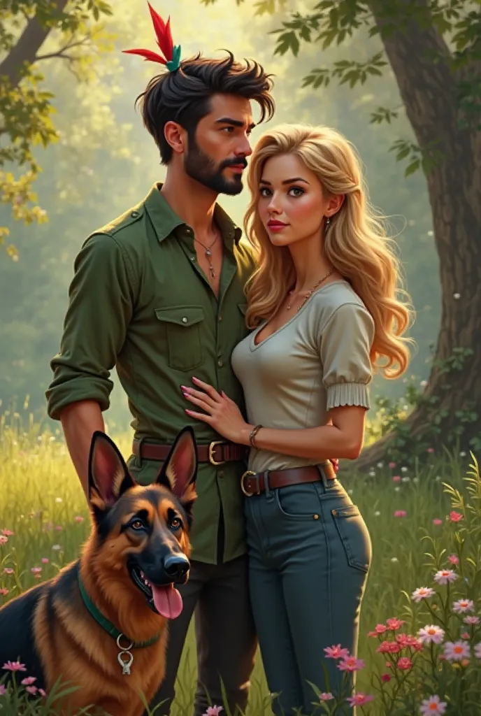 Realistic 35-year-old Peter Pan with short black hair and beard/grise en couple avec une belle femme blonde.  Il y a un berger allemand poil court avec eux