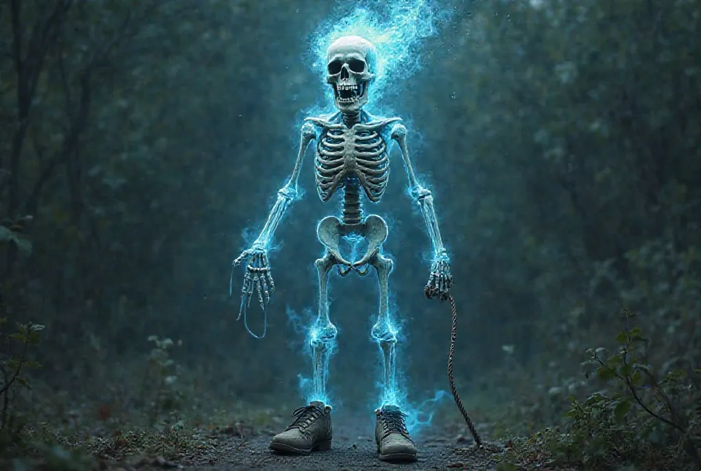 a man, farmer, At, shoes. His hair is burning,  mouth , eyes open. his skeleton and skull just glows bright blue. He holds a cord. Funny