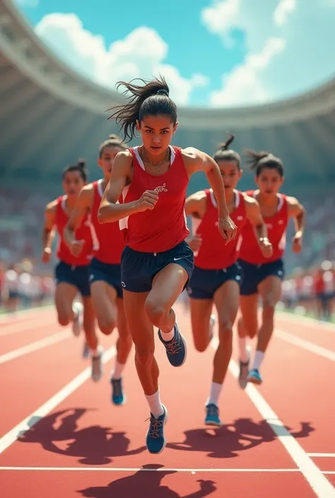 A team of ren reaching the finish line in an athletic race 