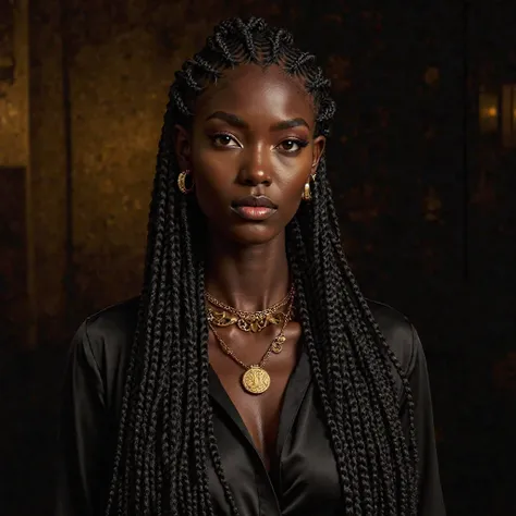 "Ultra-realistic portrait of a Black model with extra-long, waist-length braids intertwined with golden mechas. The hair is styled in an elegant, flowing manner, catching the light for a luxurious shine. The model wears high-fashion jewelry and a silk outf...