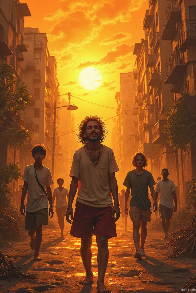 Infernal summer: The scorching sun over the city, with the river drying up and a cloud of stench invading the streets, people with an expression of anguish