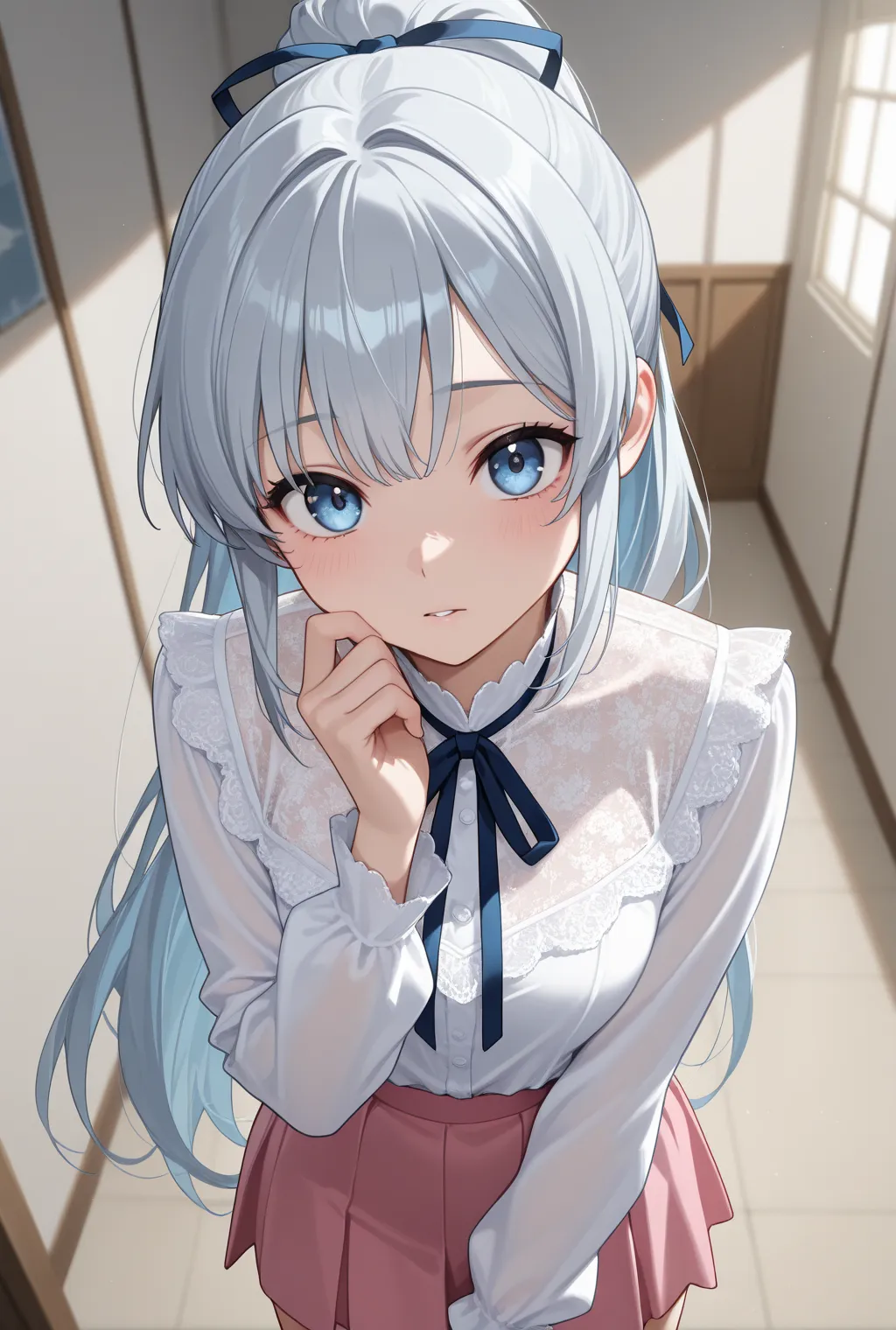   masterpiece,  top quality ,  best image quality,  high quality,  detailed background, ((one girl,1 person)),((Brilliant gray hair)), only the bangs are blue, Some blue hair, only the bangs are blue, ponytail,  light blue eyes,  beautiful eyes, beautiful ...