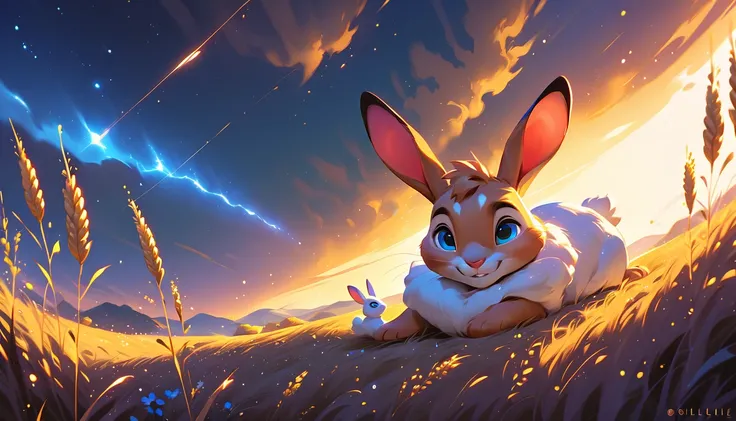 a fantastic white rabbit with blue eyes, with a sweet expression, he is lying on the country wheat field near a farm, while a golden sunset over the flowers hill during a dark thunderstorm