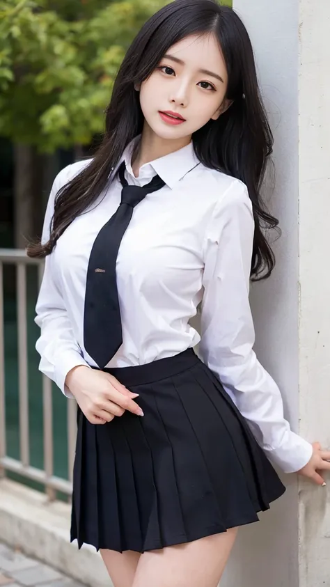 nsfw, Best Quality、High resolution、A beautiful high school girl spreads her legs to show off her pussy、Long Black Hair、big breasts、school uniform、long sleeve shirt、  miniskirt 、 ties、Great style、nsfw,  ,  legs wide open :1.5, Pussy:1.5, Detailed Pussy:2.0、...