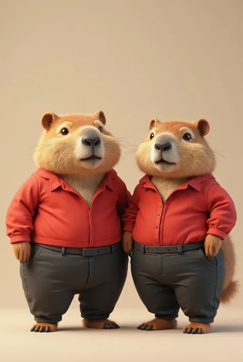 2 chubby female capybaras wearing red blouses and black pants