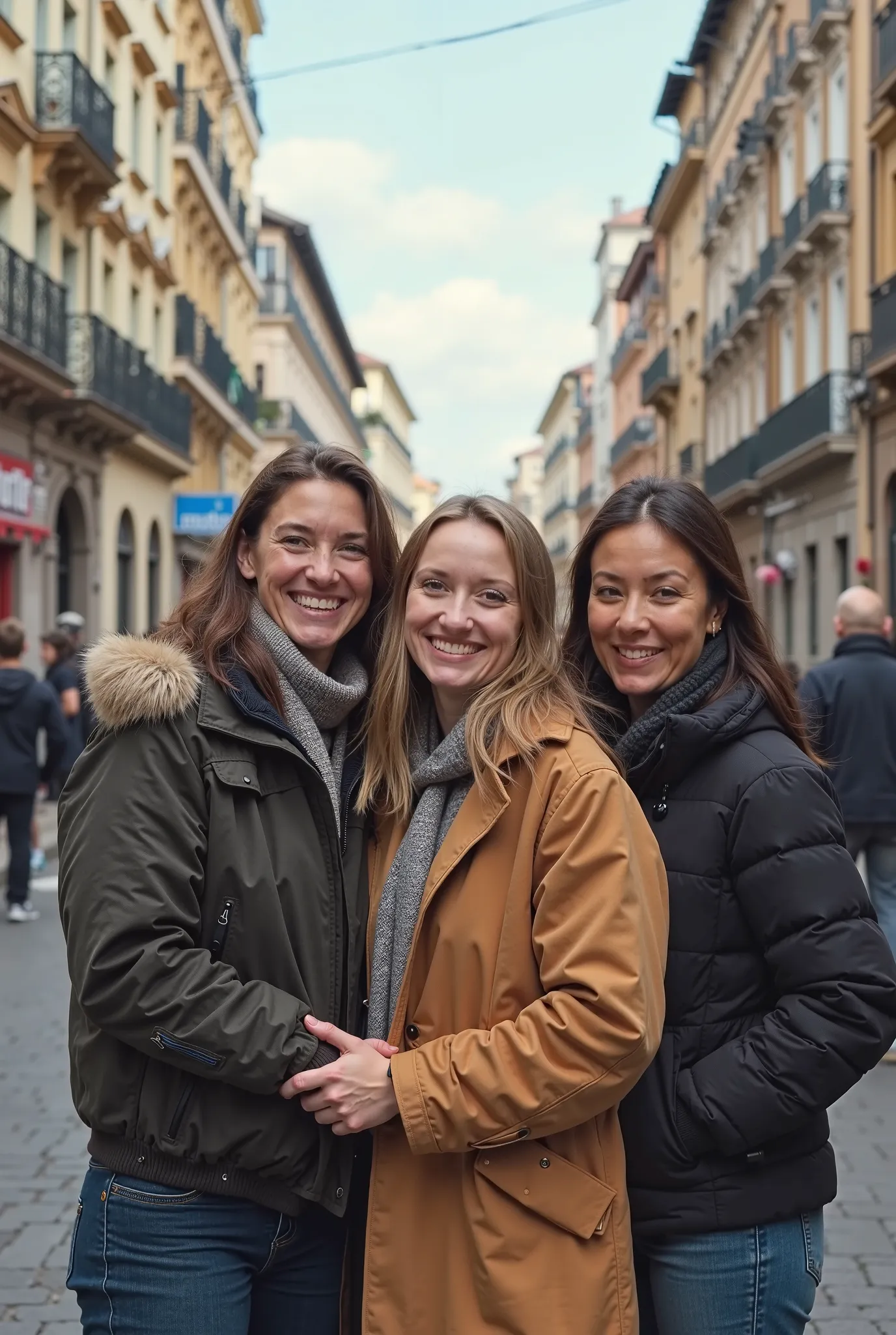 there are three people standing together in a group on a street, very very low quality picture, taken with the best dlsr camera, photo on iphone, very accurate photo, low quality photo, selfie photo, old picture, selfie!!!!!, blurry image, iphone capture, ...