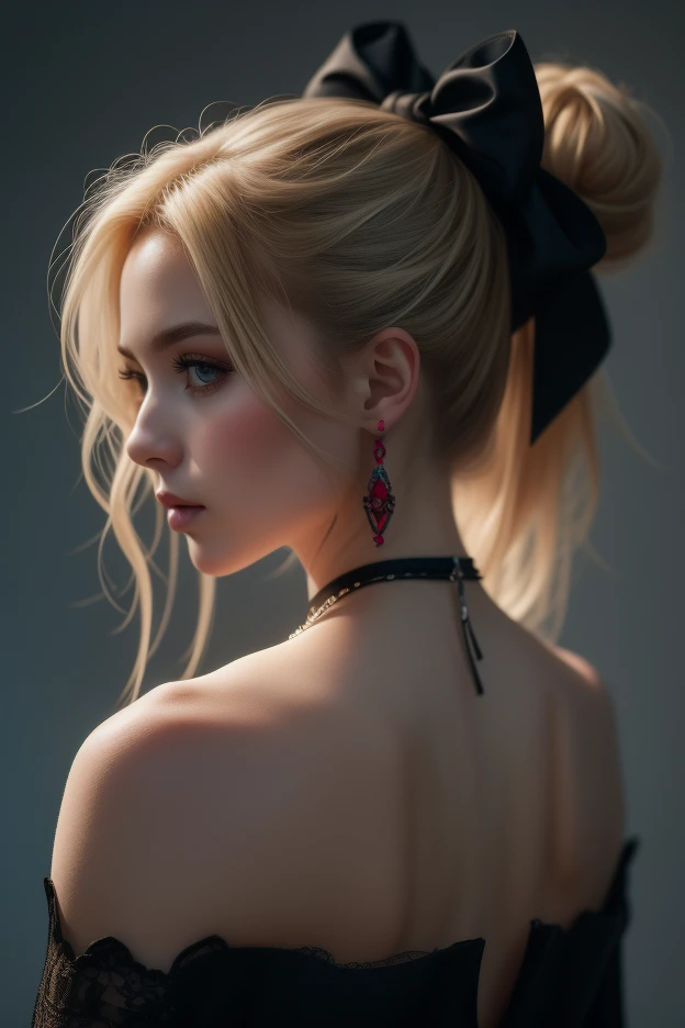 ((Masterpiece)), ((Best Quality)), (Very Detailed), ((Very Detailed)), 4K, (8K), very aesthetic, absurdres highres, 1 female, mature female, perfect anatomy, dress, solo, blonde hair, red eyes, hair ornament, jewelry, earrings, black dress, hair flower, fl...