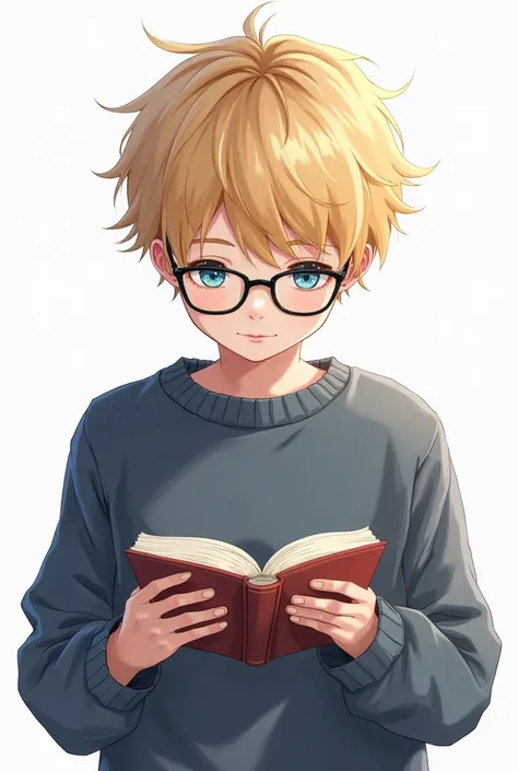 Beautiful young boy with blue eyes, golden blonde hair, wearing glasses, reading, wearing dark blue sweater, white background, nice anime picture. Thank you very much.