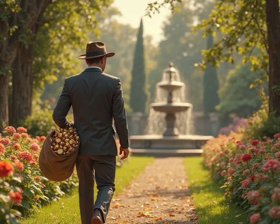 A man walking in the garden holding a bag of golds