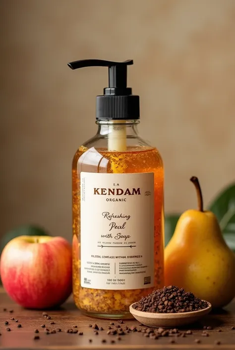 Make me an organic liquid hand soap from glass jar apple and pear coffee, with the name KENDAM and the phrase "April comes with surprises"