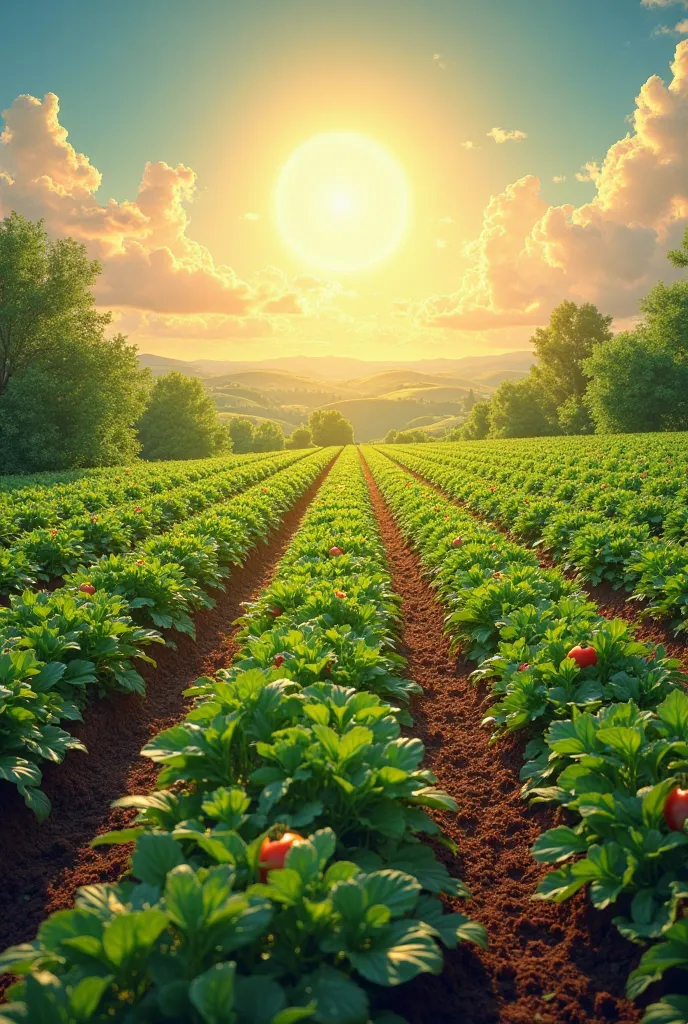 Vegetable growing field with a beautiful sun 