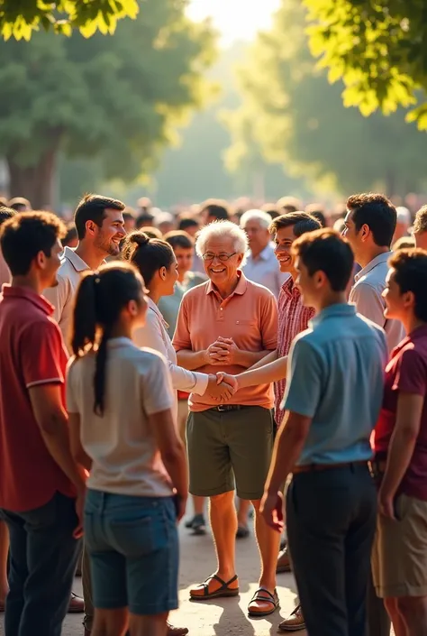 A group of people of different ages, ethnicities and genders, where some shake hands and others hug.. men, women, Giovani , elders, white , blacks etc.. It can be a natural place or a square