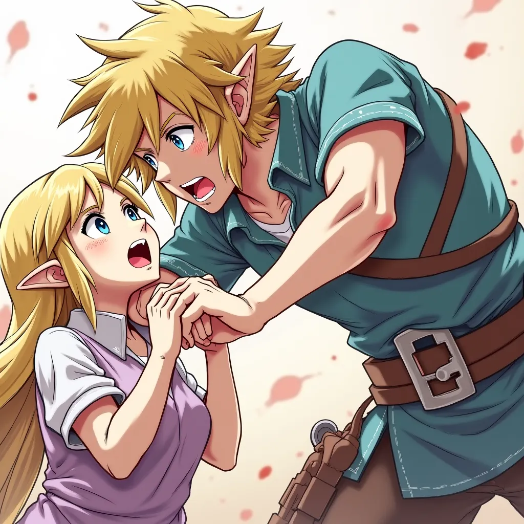 Anime Legend of Zelda King Link wearing a Massive popped collar polo with a collar so high it's taller than his head he's holding Princess Zelda's neck and crushing it choking her to death