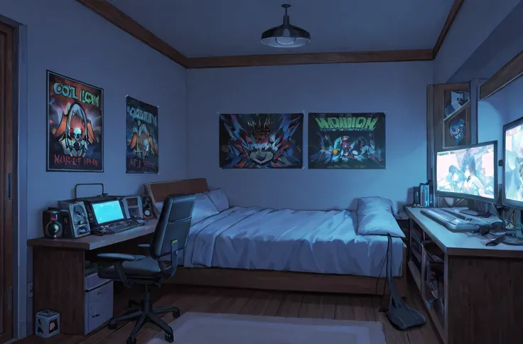 small bedroom, wood floor, inside a normal house, full black king sized bed, comfy bed, gaming desk, gaming pc, gaming room, rgb lighting, 2.5d , cool action posters