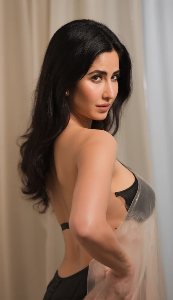 An extremely realistic and detailed (full body) image of (Katrina Kaif), toned physique with ((long hair)) loose black wavy hair, natural breasts, round boobs, showing her busty ass, she is wearing transparent silk see-through saree, visible body, visible ...