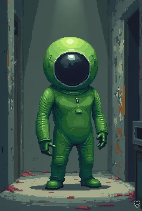 Among us Rodamrix character named Green who wears an impostor costume on. Pixel art format