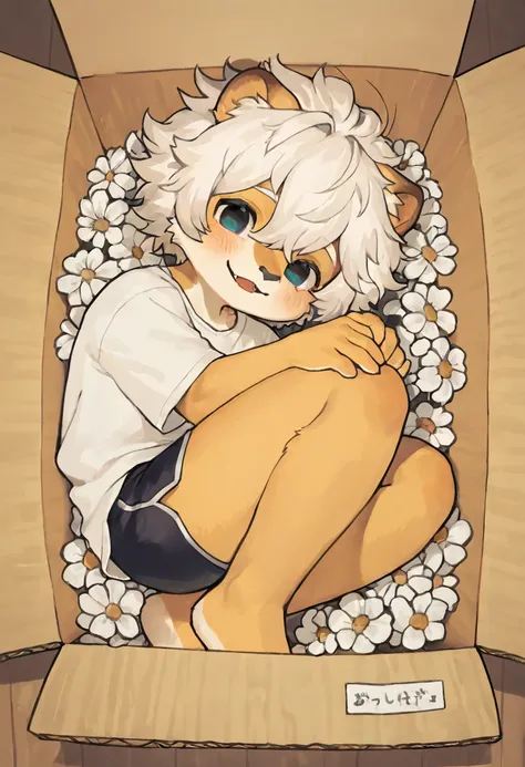 source_ furry， furry male，elementary school students，((boy   )),lion boy ， white hair   ,short hair,masterpiece, newest,absurdres, incredibly absurdres, bright eyes, detailed eyes,short hair, messy hair, blush, laugh, head tilt， is unique , shorts，loose cl...