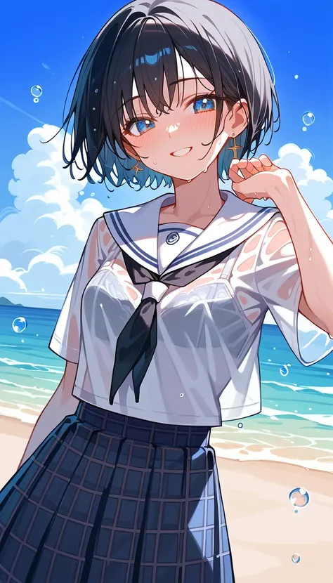 (beautiful girl : 1.3),1 girl,(See-through sailor suit,plaid skirt,bra,earrings, pure white underwear), black hair,very short hair,smile, is embarrassing,blush, get wet,sweat,blue sky,sunshine, sandy beach,wave droplets, moving,Dynamic Angle,masterpiece,Hi...