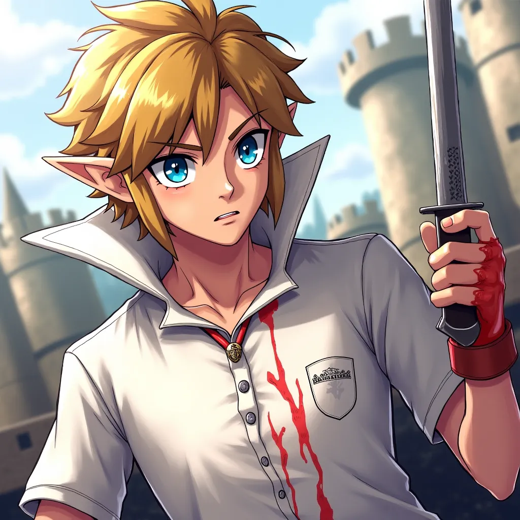 Anime Legend of Zelda King Link wearing a Massive popped collar polo with a collar so high it's taller than his head he's holding a knife stabbing Princess Zelda in the chest with blood coming out