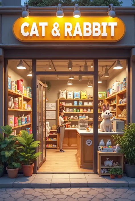 ہر منظر کے لیے الگ امیج پرامپٹ

1. اسٹور کا بیرونی منظر
Prompt: "A modern pet store exterior with a bright and inviting sign that says 'Cat & Rabbit Pet Store.' The entrance has glass doors with cute cat and rabbit paw prints. A display window showcases pe...