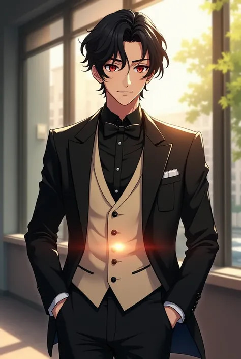 A young man with a charming yet mysterious aura, standing in a modern, well-lit urban setting with sunlight filtering through large windows. He has wavy, tousled black hair, slightly unkempt yet stylish, framing his face and falling naturally over his fore...