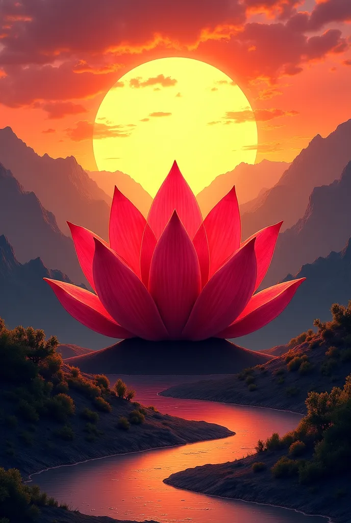 "Create a stunning image of the Root Chakra, depicting a vibrant red lotus flower with four petals, surrounded by a halo of golden light. The lotus is set against a backdrop of a serene mountain landscape at sunset, with the sky ablaze with hues of crimson...