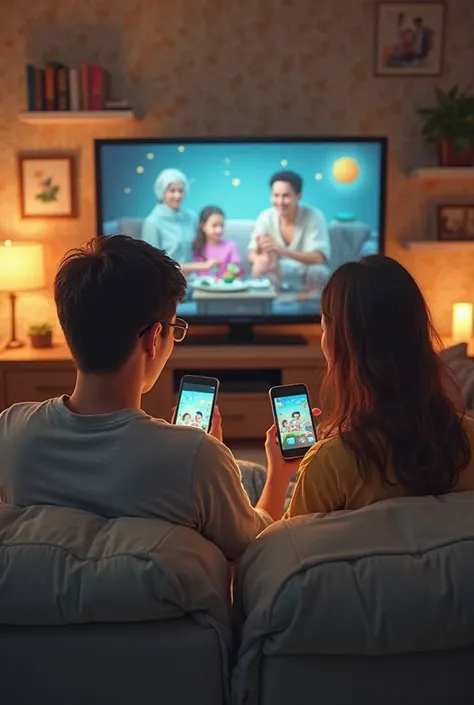 Pictures of parents watching TV and  playing social networks