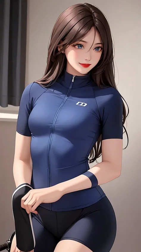 woman , long hair brown, normal, dark, she is solo, from alternative world ,best quality, realistic, cycling (full dark blue color) suit and cycling sports black shorts, she is stand , smile, red lipstick , 