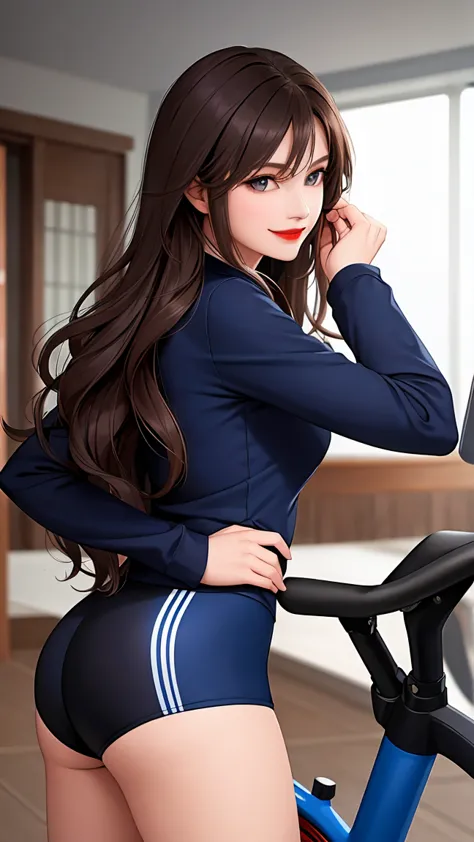 woman , long hair brown, normal, dark, she is solo, from alternative world ,best quality, realistic, cycling (full dark blue color) suit and cycling sports black shorts, she is stand , smile, red lipstick , 