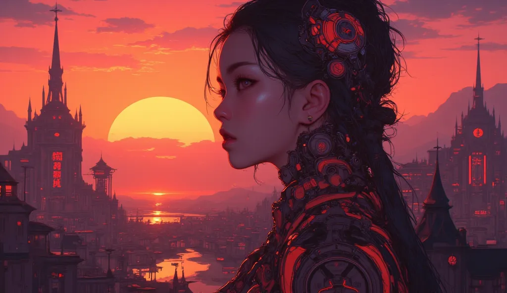 Highest quality　Ultra delicate　Japanese anime anime　 one pretty girl　　Strong shadows 　contrast after screen action 　cyberpunk　Punk Melancholy　sunset　Twilight