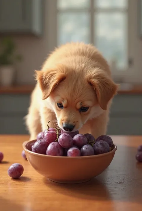 A realistic curious dog sniffing a bowl of grapes