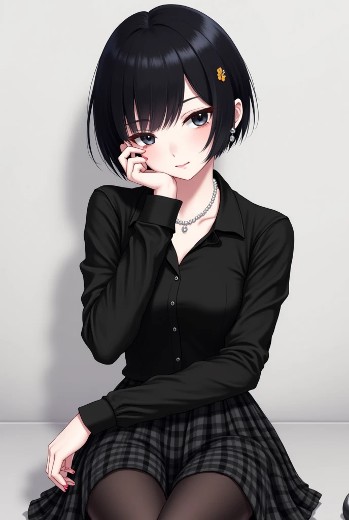 Rina is a short girl with a slender figure, whose pale complexion contrasts strongly with her dark hair and clothing. She has short, shaded black hair with bangs falling over her forehead, and her black eyes seem piercing and full of mystery.

She sits wit...