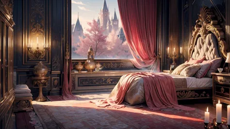 Best quality, masterpiece, ultra high res, raw photo, beautiful and aesthetic,deep shadow, fantasy theme,(ultra detailed:1.3), divine, royal bedroom, indoors, luxurious, canopy bed, full of curtains, pillows, jewelry, candlelight, queen chamber, pink room