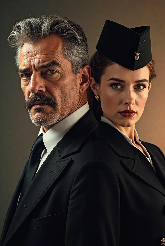 Please create a poster for a movie.

Elements to include:

A middle-aged male company owner (around 40 years old) with a masculine look and a well-groomed mustache.

A young woman (around 25 years old) wearing a black uniform.
Like as Action Movie
