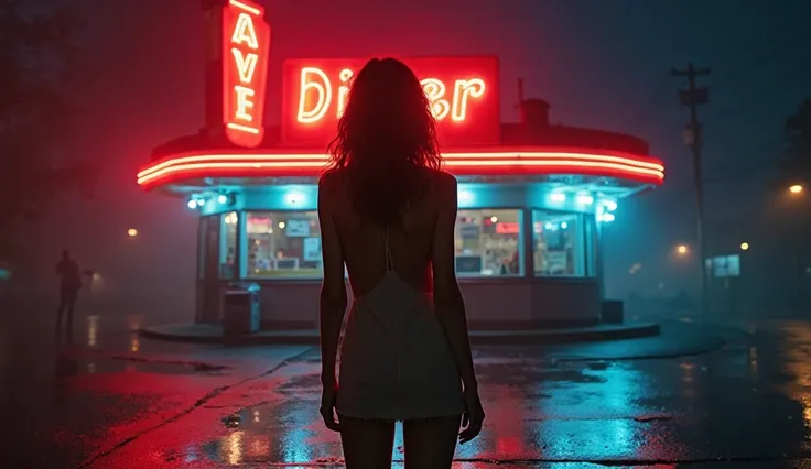 "A 1950s American diner, surrounded by darkness at night, with red and blue neon lights casting an eerie glow. The atmosphere is mysterious and filled with tension. In front of the diner, a female figure seen from behind, wearing a short, tight retro dress...