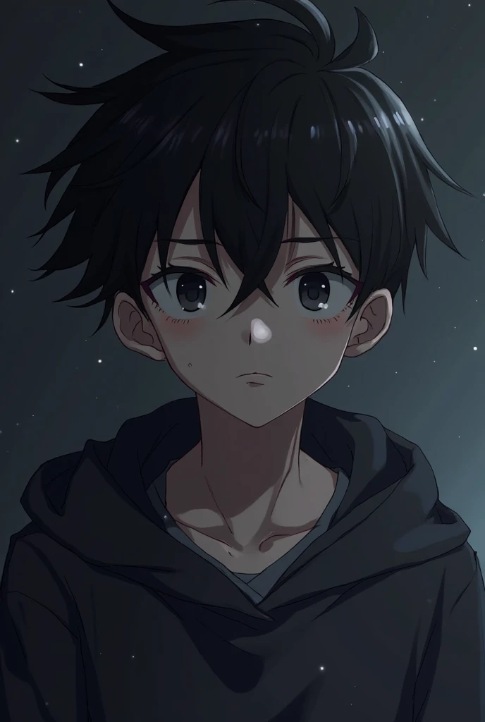 , a cool male anime character with a sweet face and a dark background. He looks lonely and sad, , but his face is full of sadness, blank eyes and a tense face looking into the camera in the hope that someone will be interested in him.