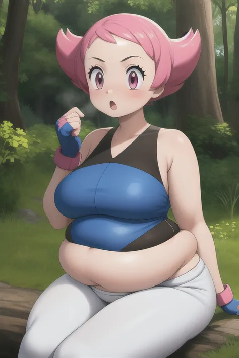 pkmnmaylene, 1girl, solo, pink eyes, pink hair, short hair, bangs,
blue leotard, white pants, track pants, fingerless gloves, blue gloves,
:o,cowboy shot, sitting,
forest,outdoor,
(insanely detailed, beautiful detailed face, masterpiece, best quality) cine...