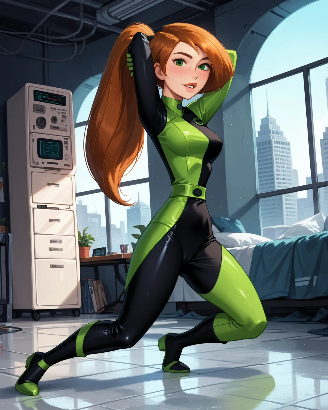 cinematic film still, solo, 1girl, BREAK young kim possible, perky breasts, shiny green catsuit, shegos outfit, red microchip on forehead BREAK inside high tech spaceship, sneaking around on floor, sexy stretching on floor, stretching body, cameltoe, beaut...