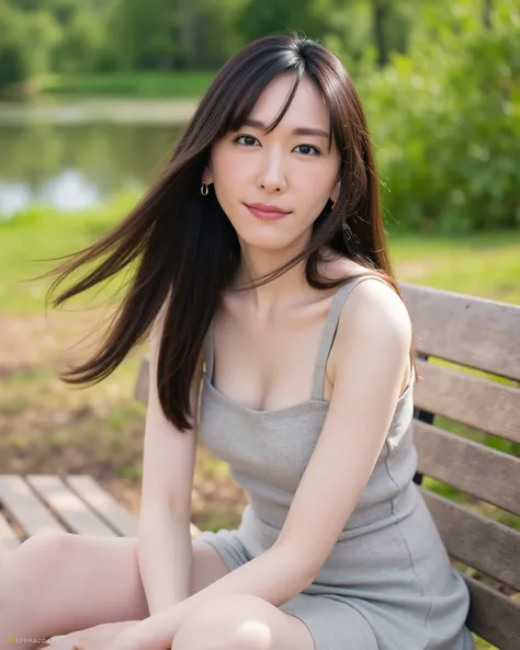 Hair Fluttering Big in the Wind 、One beautiful and cute woman、sitting with legs apart on a park bench、Jet Black Hair、very long hair、Forehead、form-fitting strapless mini dress、 Chest Valley、Upper breast、Between the breasts、 he opens his mouth loudly 、The up...