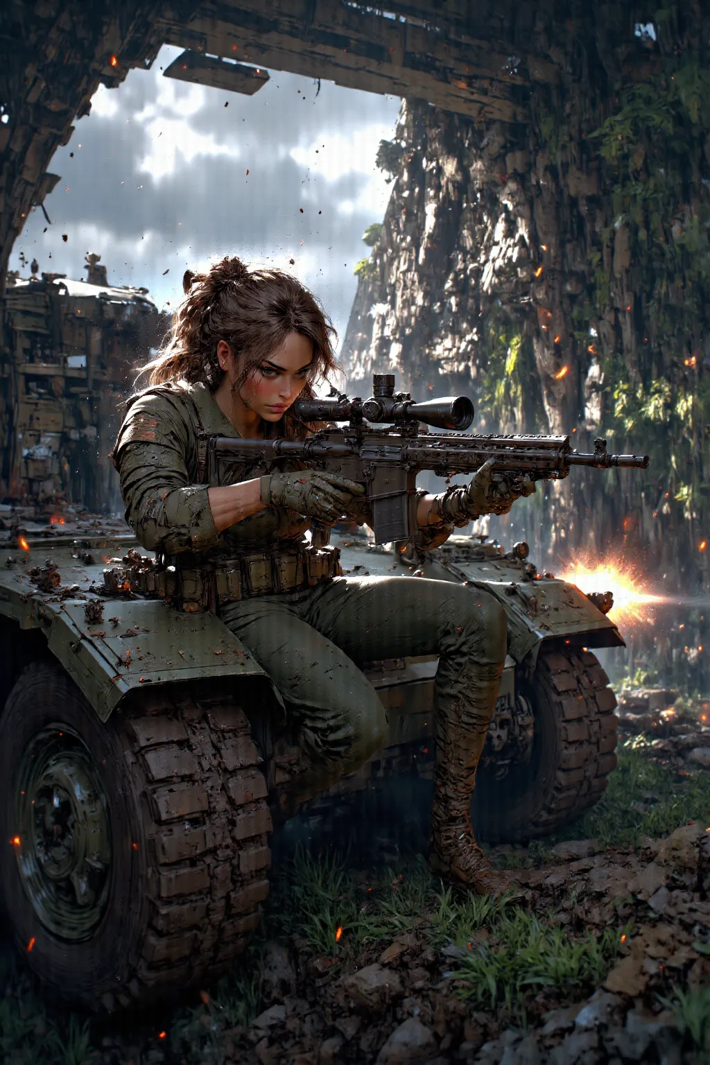 Mature_sniper_woman_in_tank,firing_rifle_from_hatch,highly_detailed,photorealistic,cinematic_lighting,dramatic_angle,armored_military_tank,cloudy_overcast_sky,sun_rays_piercing_clouds,lush_green_forest_background,precise_sniper_rifle_aim,intense_military_c...