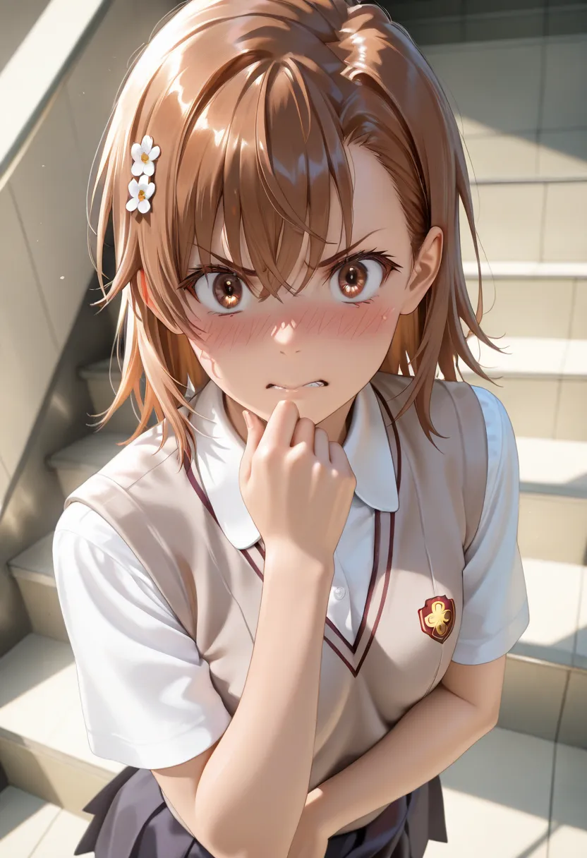 masterpiece, best quality, vibrant, very aesthetic, high contrast, photorealistic portrait,beautiful detailed face,detailed texture,detailed skin, newest, 1girl, A Certain Scientific Railgun,source_ A Certain Scientific Railgun,mikoto misaka,school uniform...