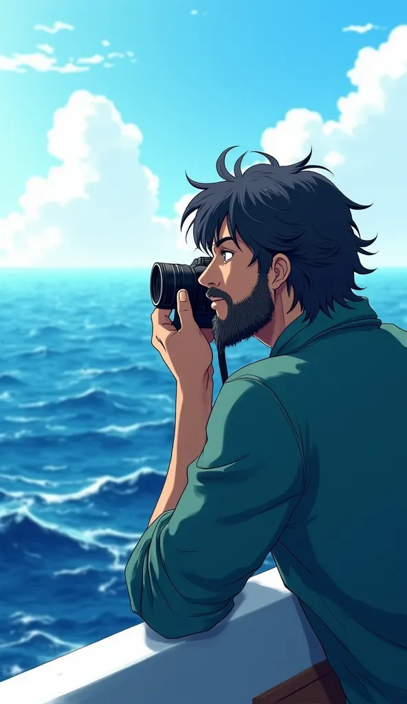 An anime style A rugged traveler leans against the edge of a boat, gazing into the endless expanse of the deep blue ocean. His unkempt wavy hair sways slightly with the sea breeze, while his piercing eyes hold a sense of quiet contemplation. A camera rests...