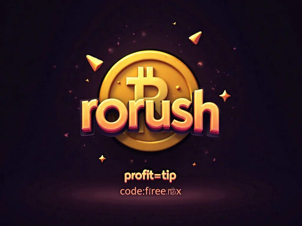 The word rorush written techy and a yellow 3d coin in the back ground and profit=tip written in big and at the bottom written "code:freerbx" and a black and purple background and "code:freerbx" written at the bottom
