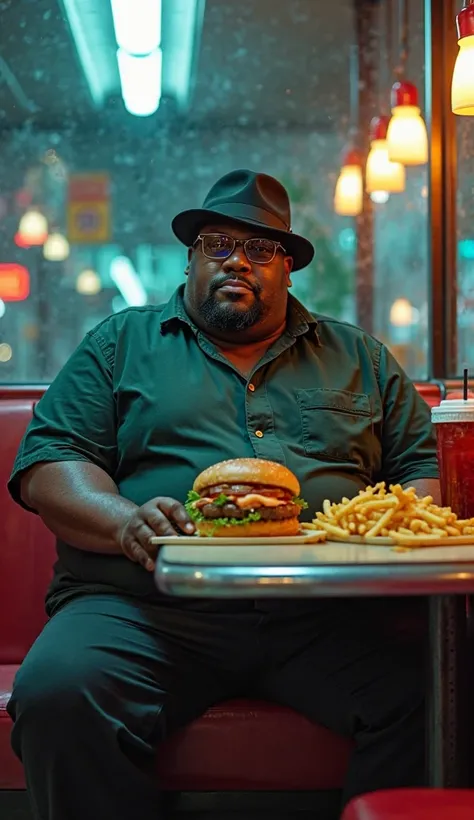 A heavyset African American man in his late 30s with a round face and a neatly trimmed goatee. He wears a dark green button-up shirt, black pants, and a black fedora hat. His glasses reflect the neon lights of a fast-food restaurant, where he sits at a boo...