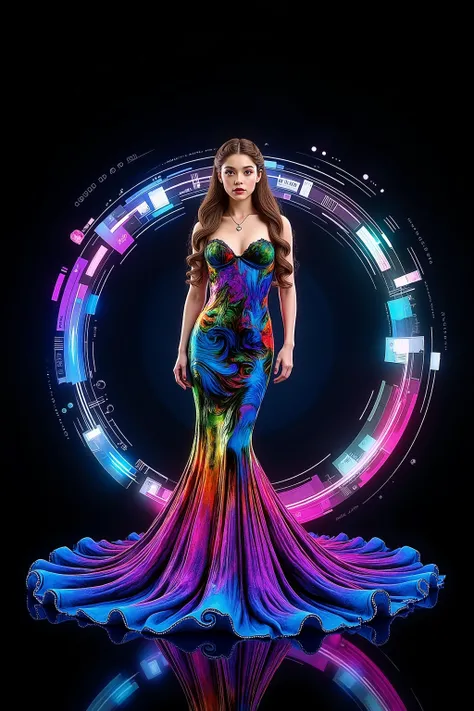 Take this image and multiply the number of swirl lines around the girl, while infusing lots of vibrant neon bioluminescent colors in the swirls as well. Make her mermaid gown highly reflective, mirror like, so all the light hits it, and reverberates it int...