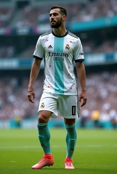 Make a Real Madrid uniform, with small pink spots, blue, green 