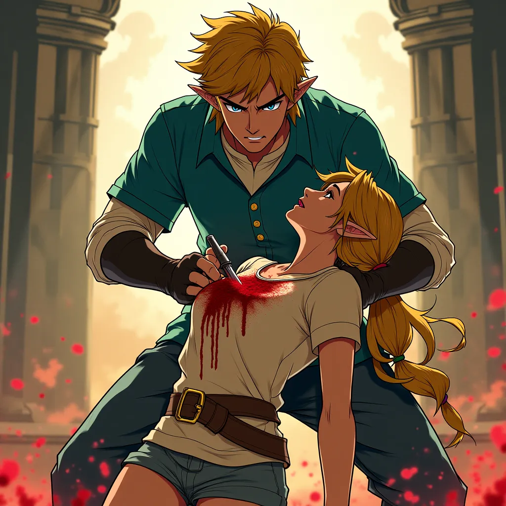 Anime Legend of Zelda King Link wearing a Massive popped collar polo with a collar so high it's taller than his head he's holding a knife stabbing Princess Zelda in the chest with blood coming out