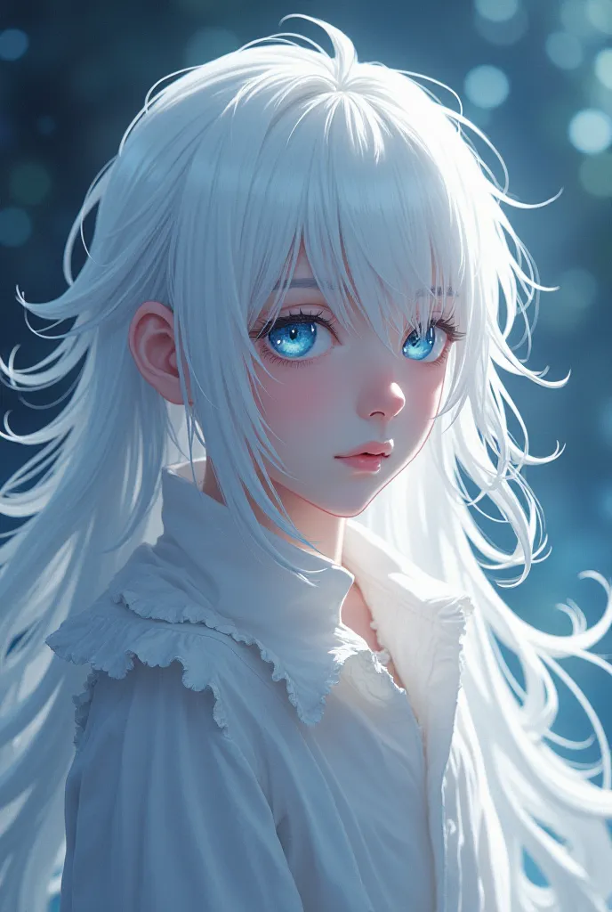 Boy anime character with long white hair and blue eyes.