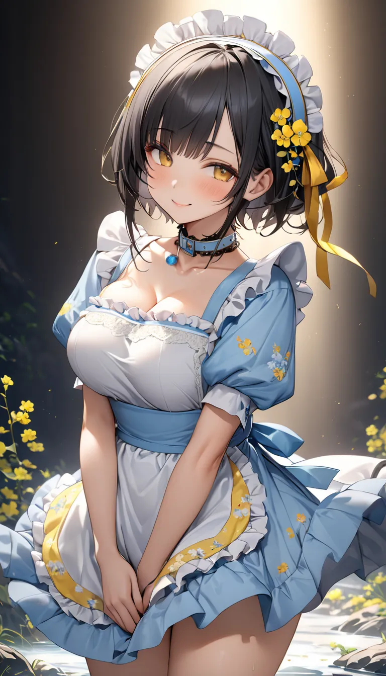 ((black hair short、bangs))（Height: 160cm、sexy body）(Tops (fluffy puff sleeves with white lace trim, ruffles inspired by flowing rivers, small light blue ribbon on the chest, neat square neck and collar design)) (apron (short apron type and light, yellow ra...