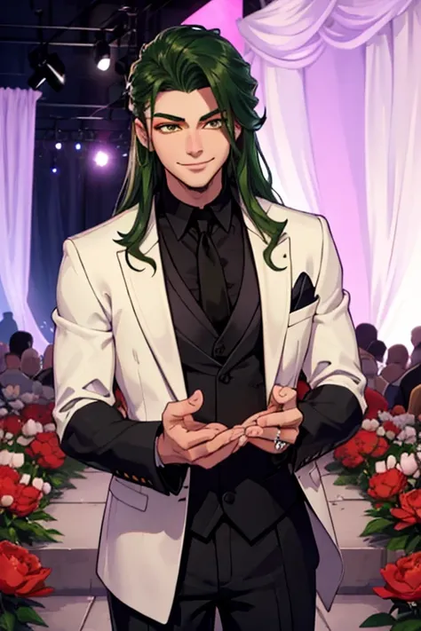 Perfect face. Perfect hands. A dark green haired man with golden eyes and long hair in a Gothic suit is setting up the stage for a wedding reception in a peony garden with a big smile